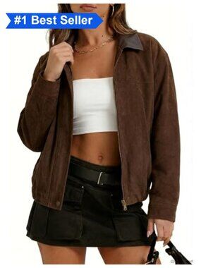 Faux Suede Leather Bomber Jacket Oversized Lapel Pilot Coat